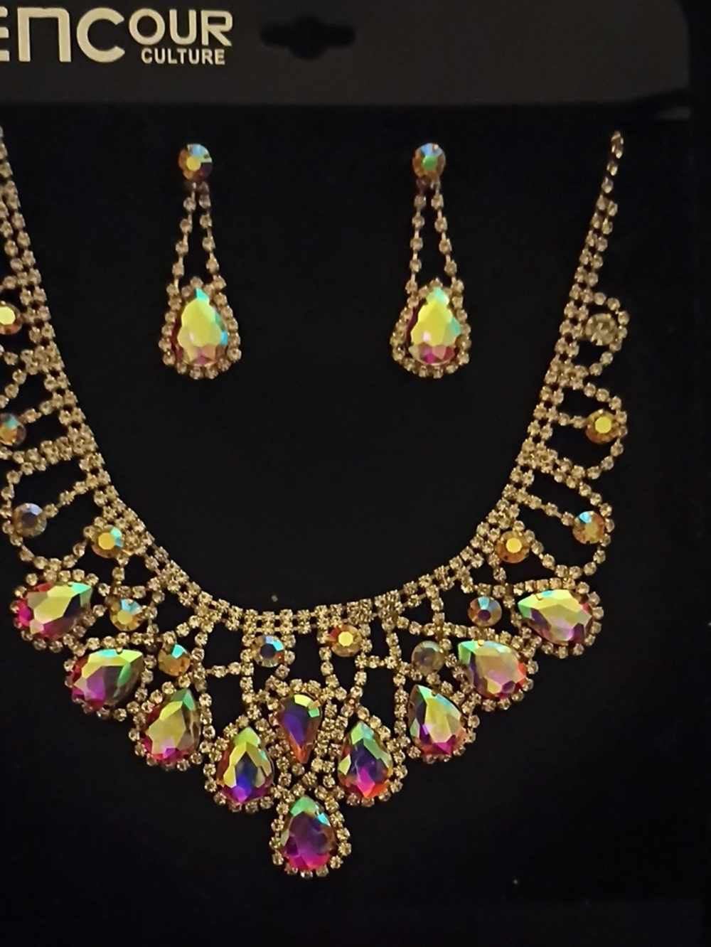 Gold-Tone Multicolor Teardrop Crystal Necklace & Earrings